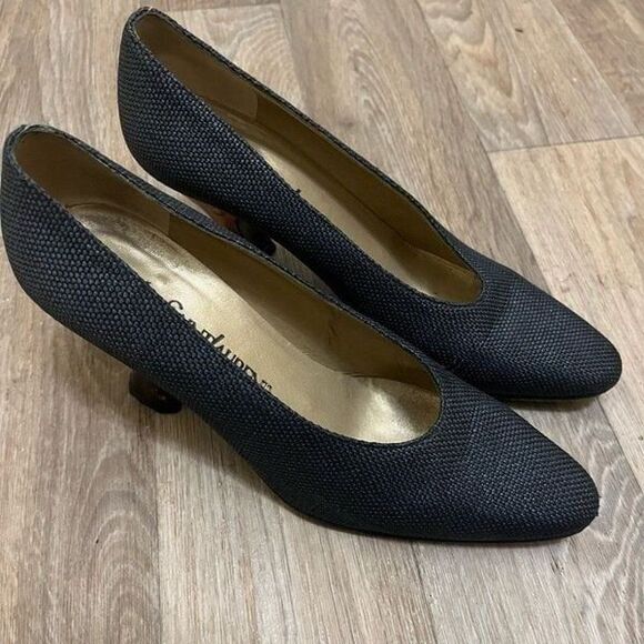 Yves St. Laurent Vintage Black Fabric Pump Brown Glass Heels Size 6.5 - Picture 1 of 11